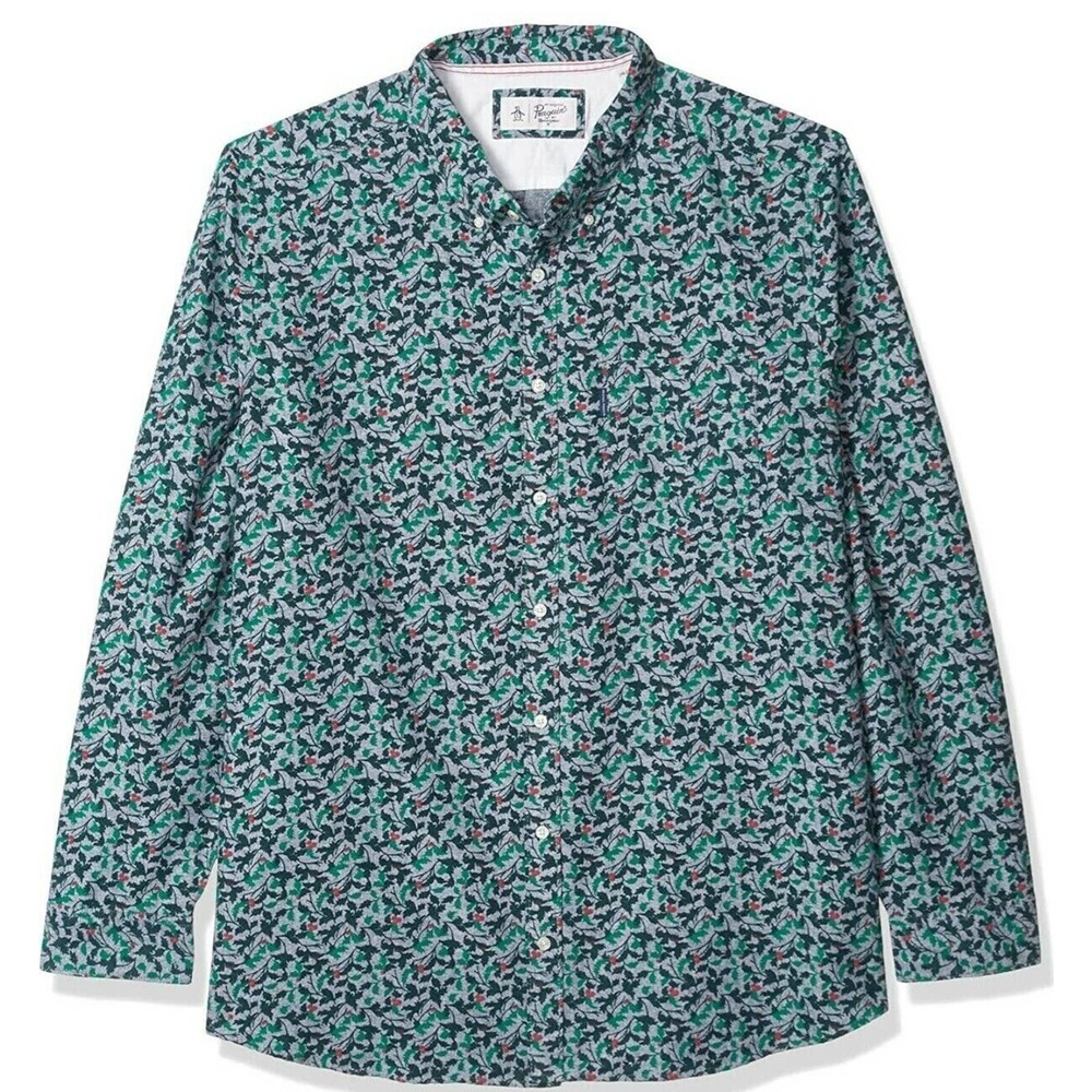 Original Penguin By Munsingwear Holiday Shirt Darkest Spruce Holly XXL New
